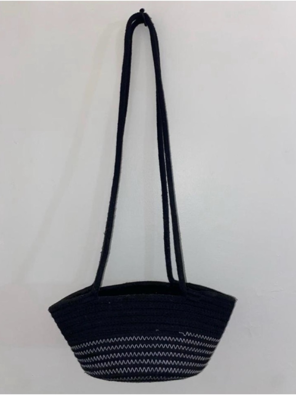 Black Woven Shoulder Bag with Long Strap and Contrast Stitching